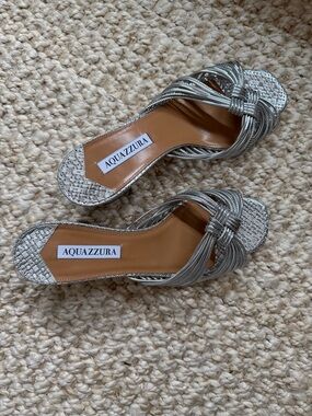 NWOB Aquazzura Silver Woven Metallic Slide Block Heel Sandals